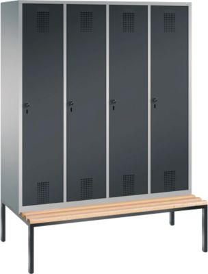 Garderobenspind Evolo S 3000, Stahl, Sitzbank, 4 Abteile mit jew. B 400 mm, Drehriegel, weißaluminium RAL 9006/anthrazit RAL 7016