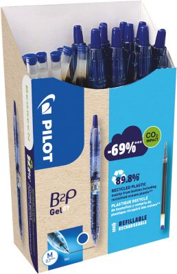 Gelschreiber PILOT Bottle 2 Pen BeGreen, blau, Strichbreite 0,4 mm, dokumentenecht, nachfüllbar, 89 % Recyclingmaterial, 10 Stück + 10 Minen blau
