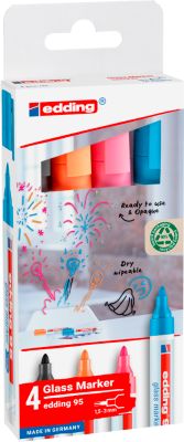 Glasmarker edding 95, für Glasoberflächen & Whiteboards, Strichbreite 1,5-3 mm, runde Spitze, 4er Set, Schwarz, Hellblau, Pink und Orange 