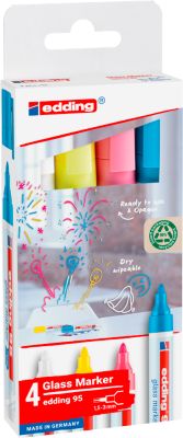 Glasmarker edding 95, für Glasoberflächen & Whiteboards, Strichbreite 1,5-3 mm, runde Spitze, 4er Set, Weiß, Gelb, Pink und Hellblau