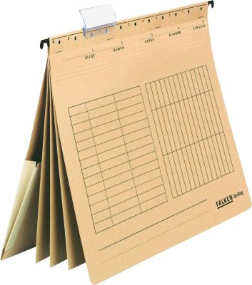 Hängehefter Falken UniReg, A4, für ca. 300 Blatt, 3 Trennblätter, kaufmännische Heftung, mit Tasche, Blauer Engel, Recycling-Karton, hellbraun, 5 Stück