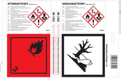 Haftetiketten für Kanister mit Ottokraftstoff & Dieselkraftstoff, GHS/CLP-konform, 1 Bogen mit 4 Etiketten, weißglänzend/rot/schwarz