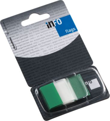 Haftnotizen INFO FLAGS, Z-Faltung, beschreibbar, selbstklebend, ablösbar, lösungsmittelfrei, 50 Blatt mit Spender, B 43 x H 25 mm, grün-transparent