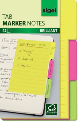 Haftnotizen Sigel Tab Marker Notes, 3-farbig, 42 Blatt, 98 x 148 mm, beschreibbar