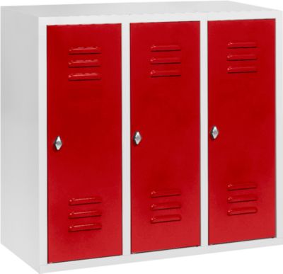 Halfhoge kledinglocker, 3 compartimenten, 300 mm, draaigrendelslot, lichtgrijs/vuurrood