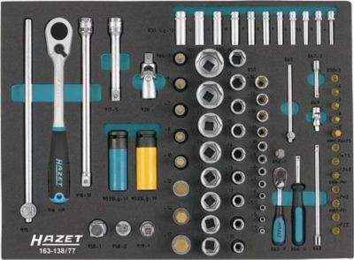 Hazet Werkzeugeinlage 163-138/77, 3/3 Modul, inkl. Werkzeugsortiment, 77-tlg., B 519 x T 392 x H 35 mm, Schaumstoff, schwarz/blau