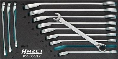 Hazet Werkzeugeinlage 163-385/12, 1/3 Modul, inkl. Knarren-Ring-Maulschlüsselsortiment, 12-tlg., B 342 x T 172 x H 35 mm, Schaumstoff, schwarz/blau