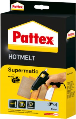 Heißklebepistole Pattex® Hotmelt Supermatic, mechanischer Vorschub, elektronischer Temperaturregler, Standbügel, 2 Heißklebesticks, schwarz-gelb