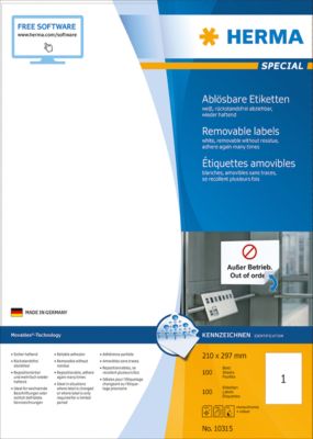 Herma ablösbare Etiketten Nr. 10315 auf DIN A4-Blättern, 100 Etiketten, 100 Bogen