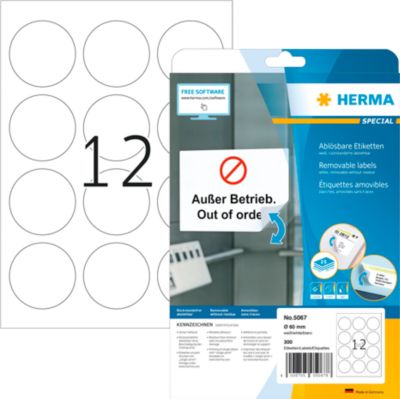 Herma ablösbare Etiketten Nr. 5067, rund, Ø 60 mm, selbstklebend, bedruckbar, Papier, weiß, 300 Stück auf 25 Blatt