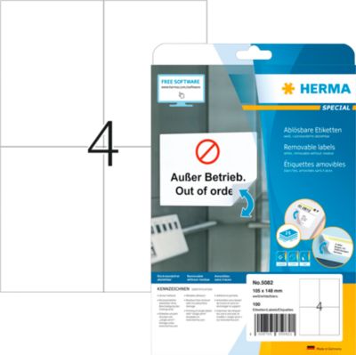 Herma Etiketten Nr. 5082, 105 x 148 mm, ablösbar, selbstklebend, Papier, weiß, 100 Stück 