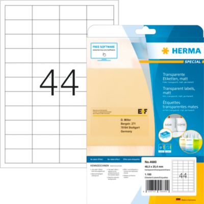 Herma Folienetiketten Special Nr. 4680, 48,3 x 25,4 mm, wetterfest, bedruckbar, permanent, transparent, 1100 Stück auf 25 Blatt