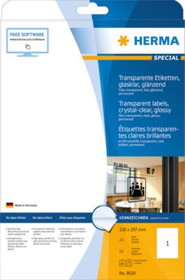 Herma glänzende Folien-Etiketten Nr. 8020 auf DIN 4-Blättern, 25 Etiketten, 25 Bogen