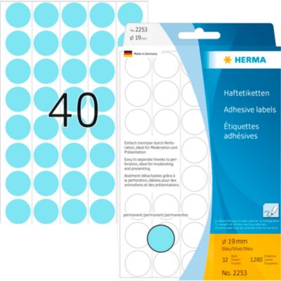 HERMA Klebepunkte 2253, Ø 19 mm, selbstklebend, permanenthaftend, per Hand beschreibbar, 1280 Stück auf 32 Blatt, FSC®-Papier, blau