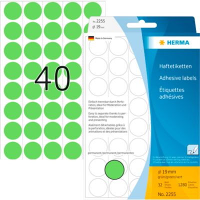 HERMA Klebepunkte 2255, Ø 19 mm, selbstklebend, permanenthaftend, per Hand beschreibbar, 1280 Stück auf 32 Blatt, FSC®-Papier, grün