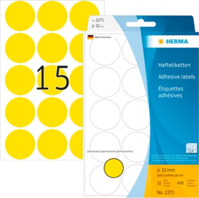 HERMA Klebepunkte 2271, Ø 32 mm, selbstklebend, permanenthaftend, per Hand beschreibbar, 480 Stück auf 32 Blatt, FSC®-Papier, gelb