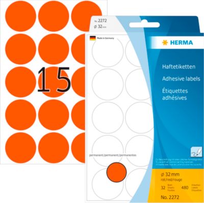 HERMA Klebepunkte 2272, Ø 32 mm, selbstklebend, permanenthaftend, per Hand beschreibbar, 480 Stück auf 32 Blatt, FSC®-Papier, rot