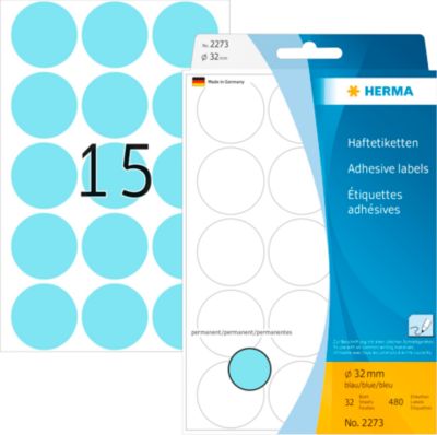 HERMA Klebepunkte 2273, Ø 32 mm, selbstklebend, permanenthaftend, per Hand beschreibbar, 480 Stück auf 32 Blatt, FSC®-Papier, blau