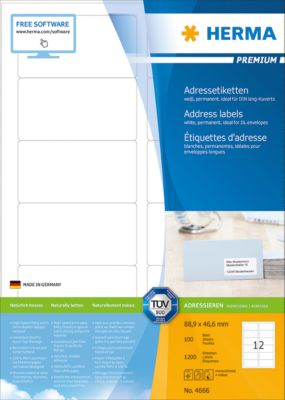 Herma Premium-Adressetiketten Nr. 4666 auf DIN A4-Blättern, 1200 Etiketten, 100 Bogen