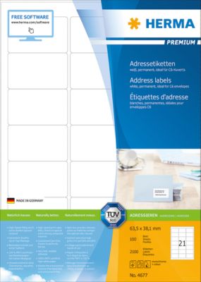 Herma Premium-Adressetiketten Nr. 4677 auf DIN A4-Blättern, 2100 Etiketten, 100 Bogen