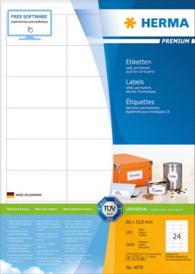 Herma Premium-Etiketten auf DIN A4-Blättern, 2400 Etiketten, 100 Bogen