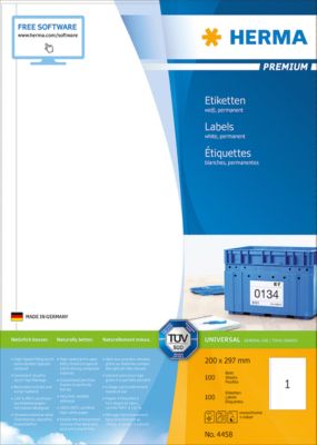 Herma Premium-Etiketten Nr. 4458 auf DIN A4-Blättern, 100 Etiktetten, 100 Bogen