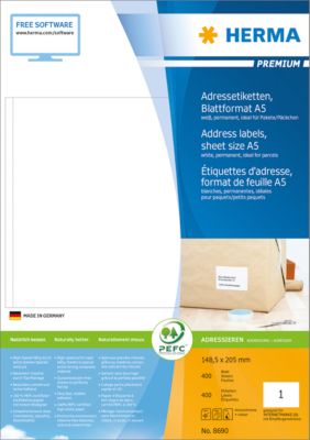 HERMA Premium-Etiketten Nr. 8690 auf DIN A5-Blättern, 400 Etiketten, 400 Bogen
