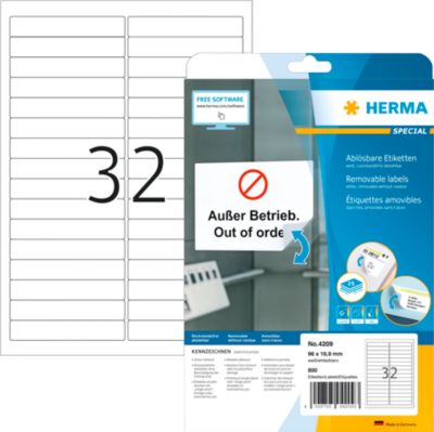 Herma Qualitäts-Etiketten Nr. 4209, 96 x 16,9 mm, selbstklebend, ablösbar, bedruckbar, weiß, 800 Stück auf 25 Blatt