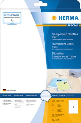Herma transparente matte Folien-Etiketten auf A4-Blättern, 25 Etiketten, 25 Bogen