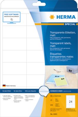 Herma Transparente matte Folien-Etiketten Nr. 4681 auf DIN A4-Blättern, 600 Etiketten, 25 Bogen