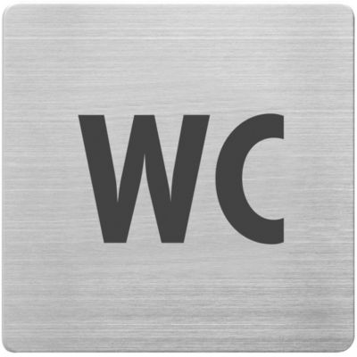 Hinweisschild „WC“, quadratisch, inkl. Selbstklebepad, L 90 x B 90 mm, Edelstahl gebürstet, silber-schwarz