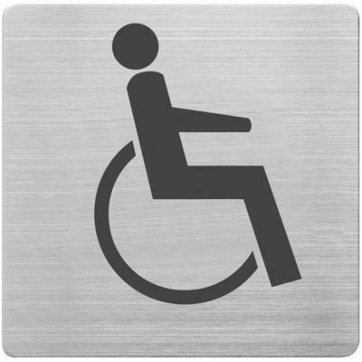 Hinweisschild „WC Rollstuhl“, quadratisch, inkl. Selbstklebepad, L 90 x B 90 mm, Edelstahl gebürstet, silber-schwarz