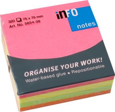 INFO Haftnotizen Brillant, 75 mm x 75 mm, 1 x 320 Blatt, gelb, orange, grün, pink