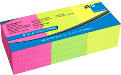inFO Power Notes Haftnotizen, 50 x 40 mm, 80 Blatt pro Block, 12 Blöcke, 3 Farben