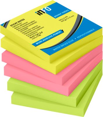 inFO Power Notes Haftnotizen, 75 x 75 mm, 80 Blatt pro Block, 6 Blöcke, 3 Farben