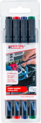 Kabelmarker Edding 8407, Rundspitze, Strichstärke 0,3 mm, lichtbeständig, wasser- und abriebfest, mit Kappe, farbsortiertes 4er-Set