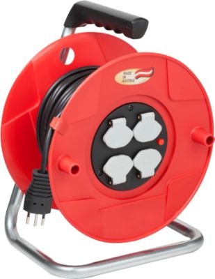 Kabeltrommel brennenstuhl® BAT ST 260, 4-fach, mit Überhitzungsschutz, Tragegriff, IP20, Kabellänge 25 m, Stahl und Kunststoff, rot-schwarz