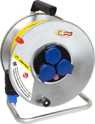 Kabeltrommel brennenstuhl® Garant SK 290, 3-fach, mit Überhitzungsschutz, Tragegriff, IP55, Kabellänge 33 m, Stahl und Kunststoff, gelb-silber
