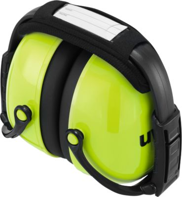 Kapselgehörschutz uvex K2, Memory-Schaum, SNR 31 dB, EN 352-1, faltbares & gepolstertes Kopfband, neonlime