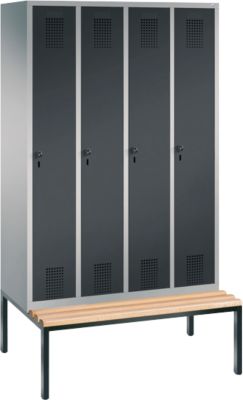 Kapstok Evolo S 3000, staal, met aangebouwde zitbank, 4 compartimenten met allebei B 300 mm, veiligheidsdraaigrendelslot, blank aluminium RAL 9006/antraciet RAL 7016