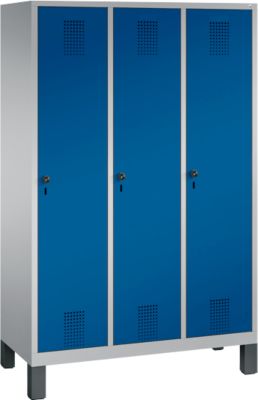 Kapstok Evolo S 3000, staal, met poten, 3 compartimenten, veiligheidsdraaigrendelslot, blank aluminium RAL 9006/gentiaanblauw RAL 5010