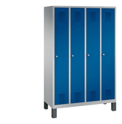 Kapstok Evolo S 3000, staal, met poten, 4 compartimenten met allebei B 300 mm, cilinderslot, blank aluminium RAL 9006/gentiaanblauw RAL 5010