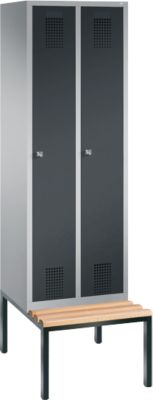 Kapstok Evolo S 3000, staal, met zitbank eronder gebouwd, 2 compartimenten allebei met B 300 mm, cilinderslot, blank aluminium RAL 9006/antraciet RAL 7016