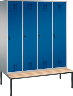 Kapstok Evolo S 3000, staal, Zitbank 4 compartimenten met telkens b 400 mm, Draaigrendel, blank aluminium RAL 9006/gentiaanblauw RAL 5010