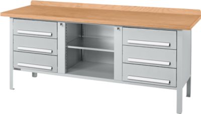 Kastenwerkbank Schäfer Shop Select PW 200-2, Buche Multiplexplatte, bis 750 kg, B 2000 x T 700 x H 840 mm, Weißaluminium