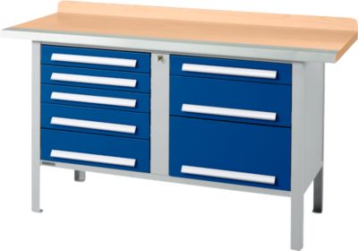 Kastenwerkbank Schäfer Shop Select PWi 150-8, Buche Multiplexplatte, mit Stahlkante, bis 750 kg, B 1500 x T 700 x H 840 mm, Enzianblau