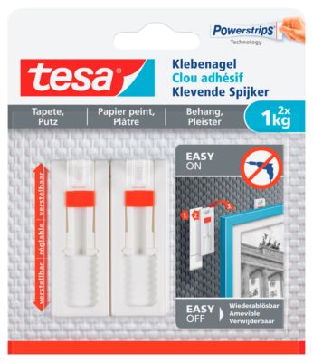 Klebenagel tesa®, für Tapete & Putz, Haftkraft bis 1 kg, höhenverstellbar, ablösbar, 2 Stück