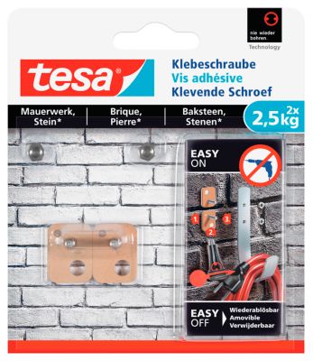 Klebeschraube tesa®, für Mauerwerk & Stein im Innen- & Außenbereich, Haftkraft bis 2,5 kg, ablösbar, viereckig, 2 Stück