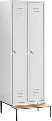 Kledinglocker, 2 compartimenten, cilinderslot, lichtgrijs/lichtgrijs met zitbank