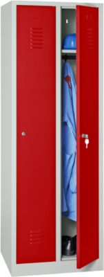 Kledinglocker, 2 deuren, B 600 x H 1800 mm, cilinderslot, lichtgrijs/vuurrood
